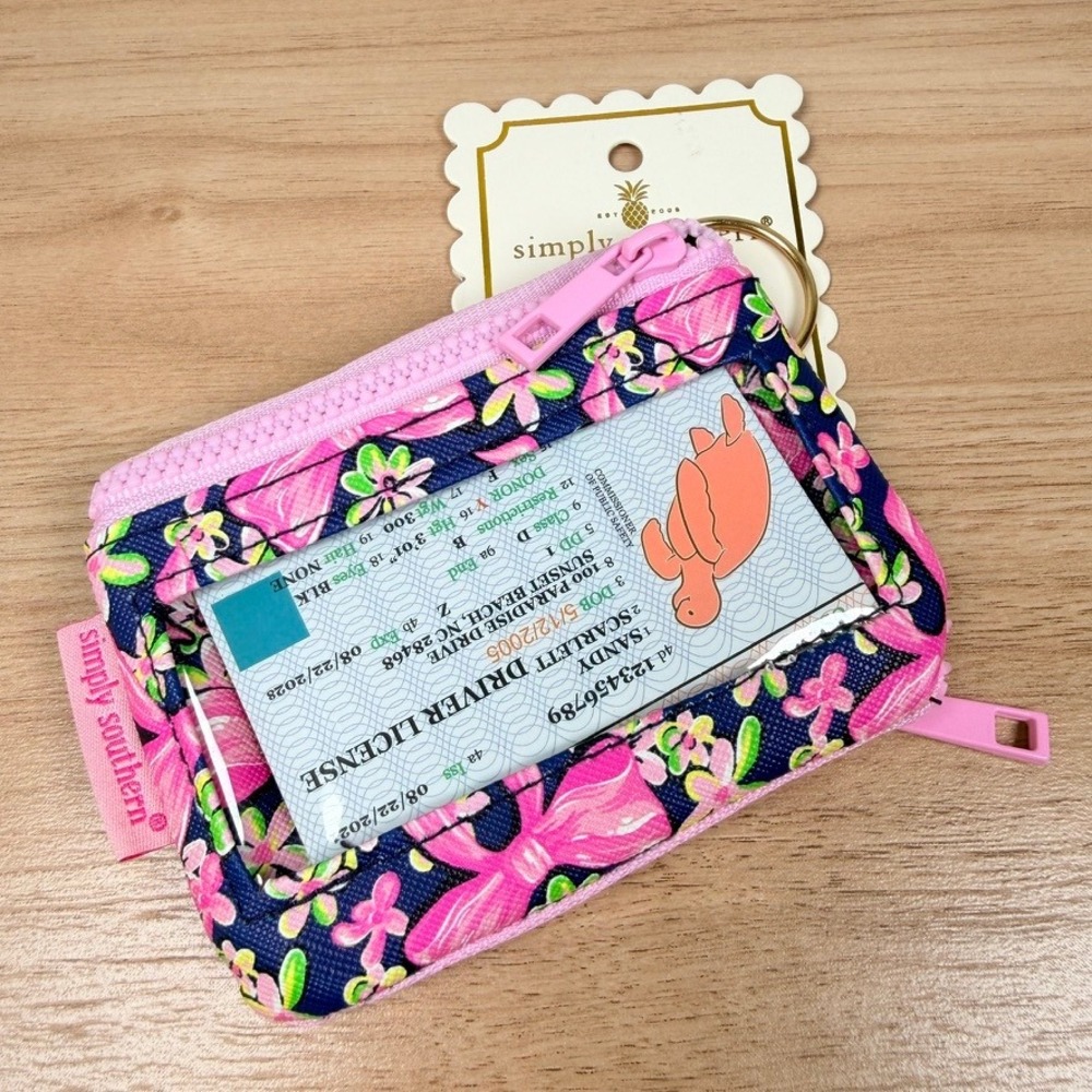 Simply Southern ID Card Holder Keychain Wallet Pink Navy Floral Bow Pouch NWT